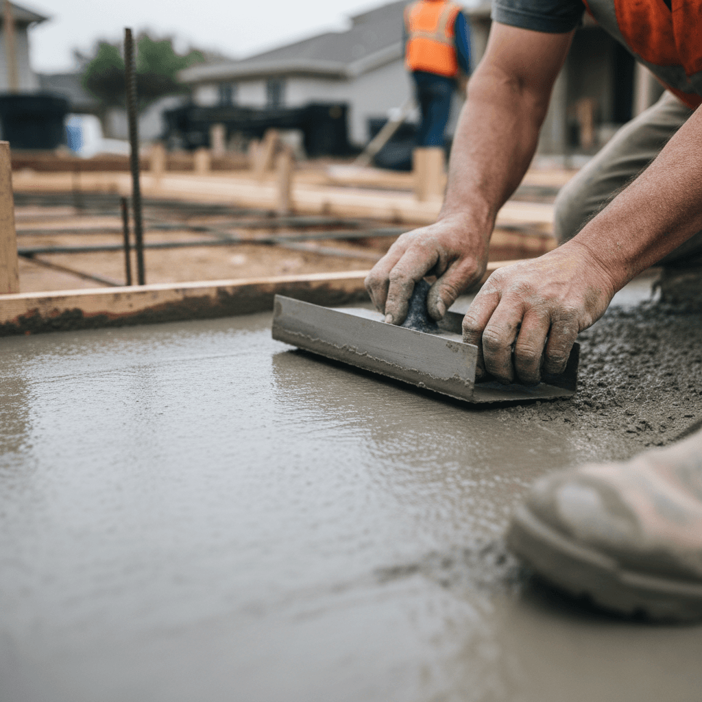Trabajador profesional aplicando hormigón fresco en una obra de construcción con herramientas especializadas